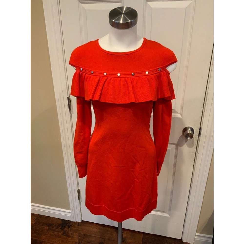 Karen Millen Red Cold Shoulder Knit Dress w/ Ruffle & Studded Detail, Sz XS NWT